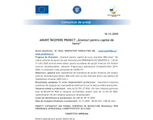 ANUNȚ ÎNCEPERE PROIECT „Granturi pentru capital de lucru”