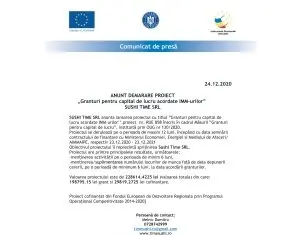 ANUNT DEMARARE PROIECT „Granturi pentru capital de lucru acordate IMM-urilor” SUSHI TIME SRL