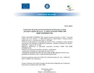 Comunicat de presa privind inceperea proiectului cu titlul „Accesare capital de lucru” in cadrul societatii WINES AND MORE EXPERIENCE SRL